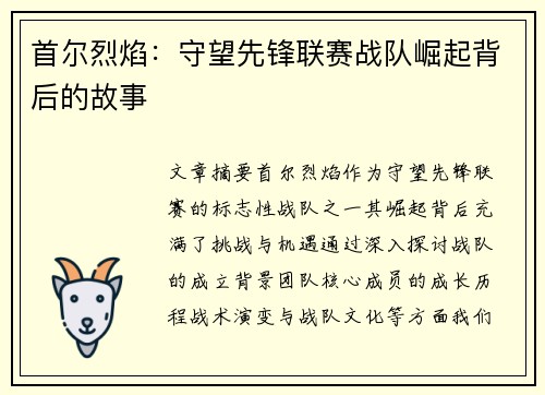 首尔烈焰:守望先锋联赛战队崛起背后的故事 首尔烈焰:守望先锋联赛战队崛起背后的故事