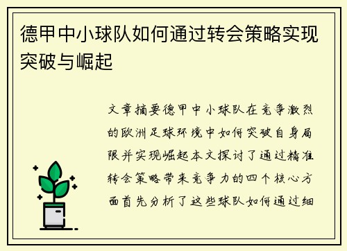 德甲中小球队如何通过转会策略实现突破与崛起